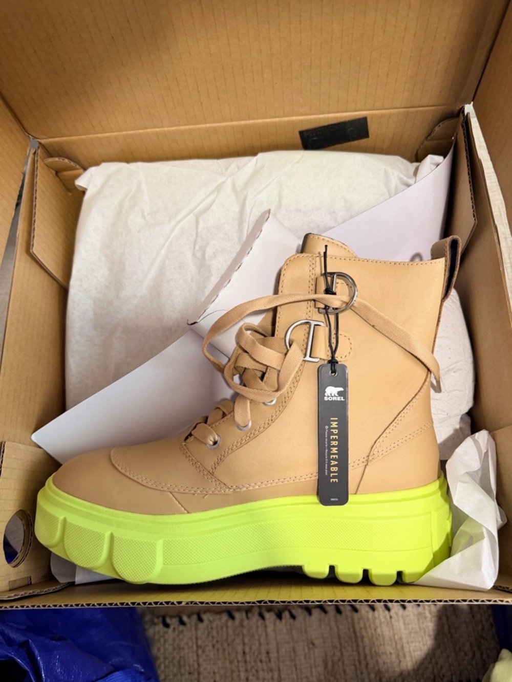 Sorel Caribou X Lace-Up Boot in Tan with Neon Lime Sole - Picture 1 of 3